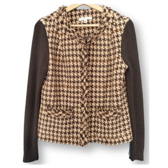 CAbi Jackets & Blazers - Cabi Women’s Houndstooth Knit-Sleeve Full Zip Jacket Size 12 Lined Black Tan